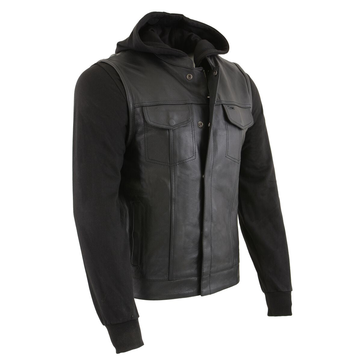 LKM3714 Men's Black Club Style '2 in 1' Zipper Leather Vest with Removable Full Sleeve Hoodie