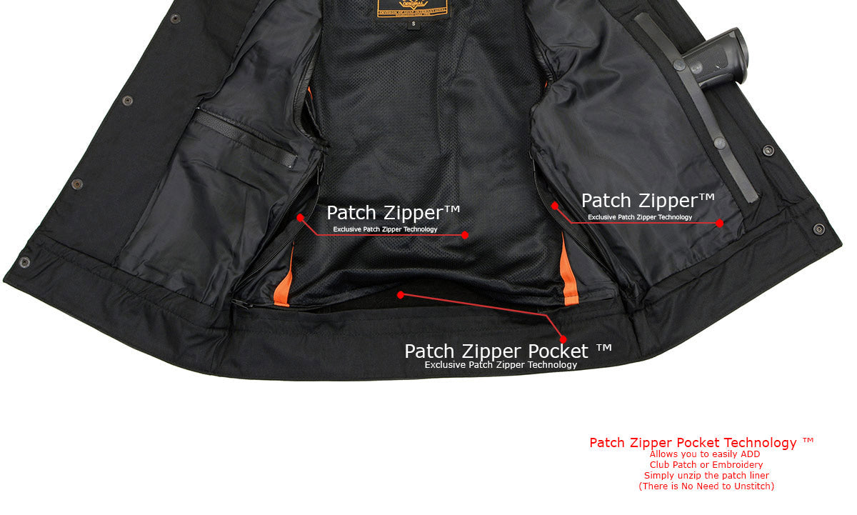 LKM3720 Men's Black Leather Club Style Motorcycle Rider Vest with Concealed Snap Button Closure