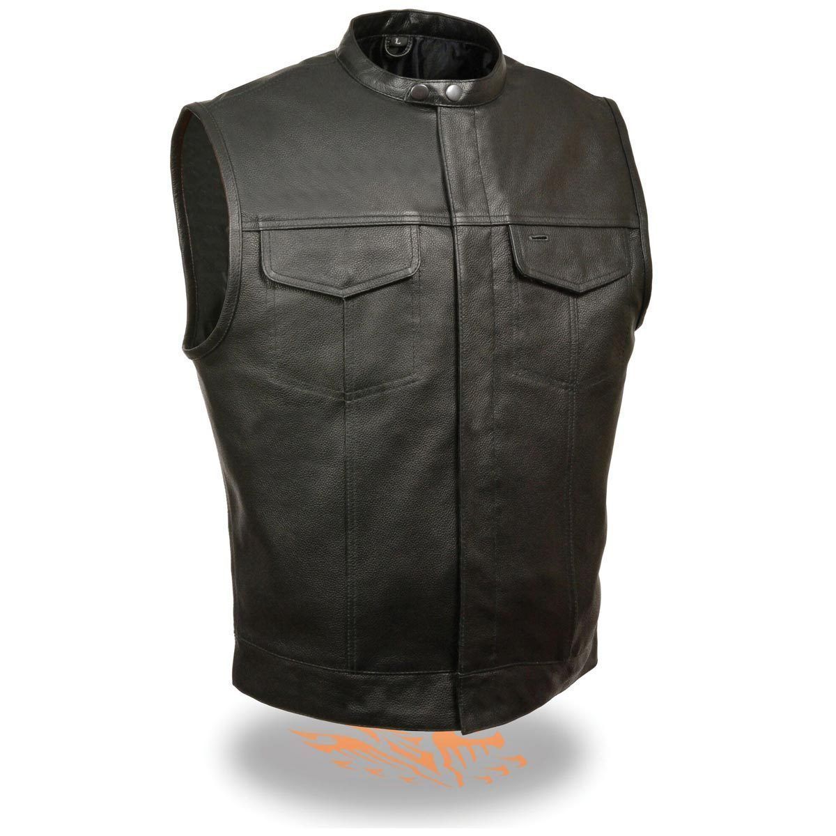 LKM3720 Men's Black Leather Club Style Motorcycle Rider Vest with Concealed Snap Button Closure