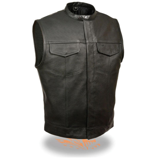 LKM3720 Men's Black Leather Club Style Motorcycle Rider Vest with Concealed Snap Button Closure