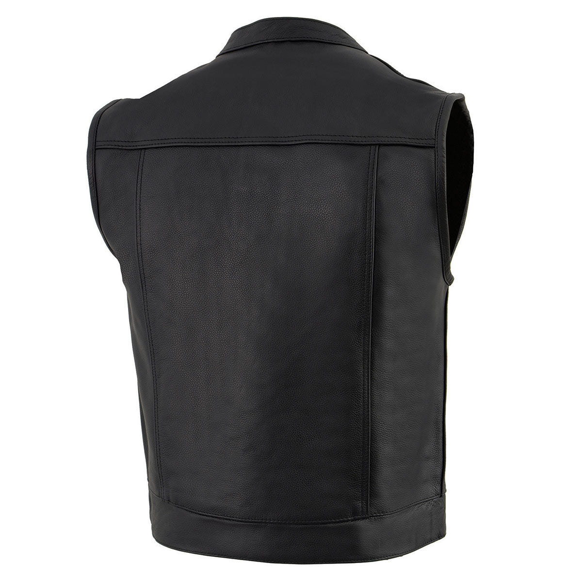 LKM3720 Men's Black Leather Club Style Motorcycle Rider Vest with Concealed Snap Button Closure