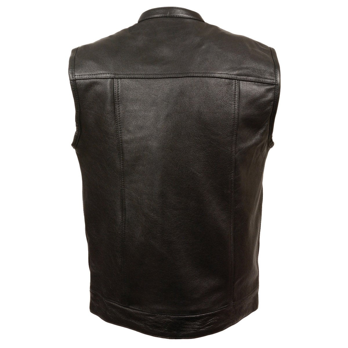 LKM3720 Men's Black Leather Club Style Motorcycle Rider Vest with Concealed Snap Button Closure