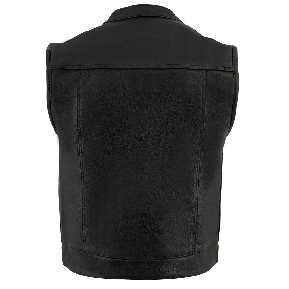 LKM3720 Men's Black Leather Club Style Motorcycle Rider Vest with Concealed Snap Button Closure