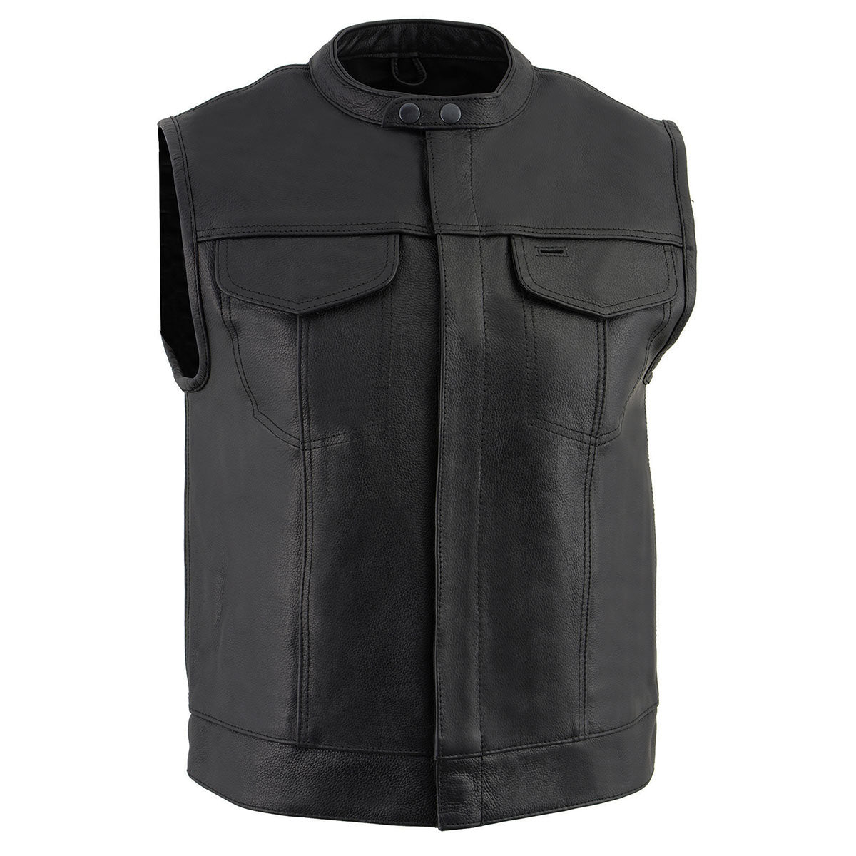 LKM3720 Men's Black Leather Club Style Motorcycle Rider Vest with Concealed Snap Button Closure