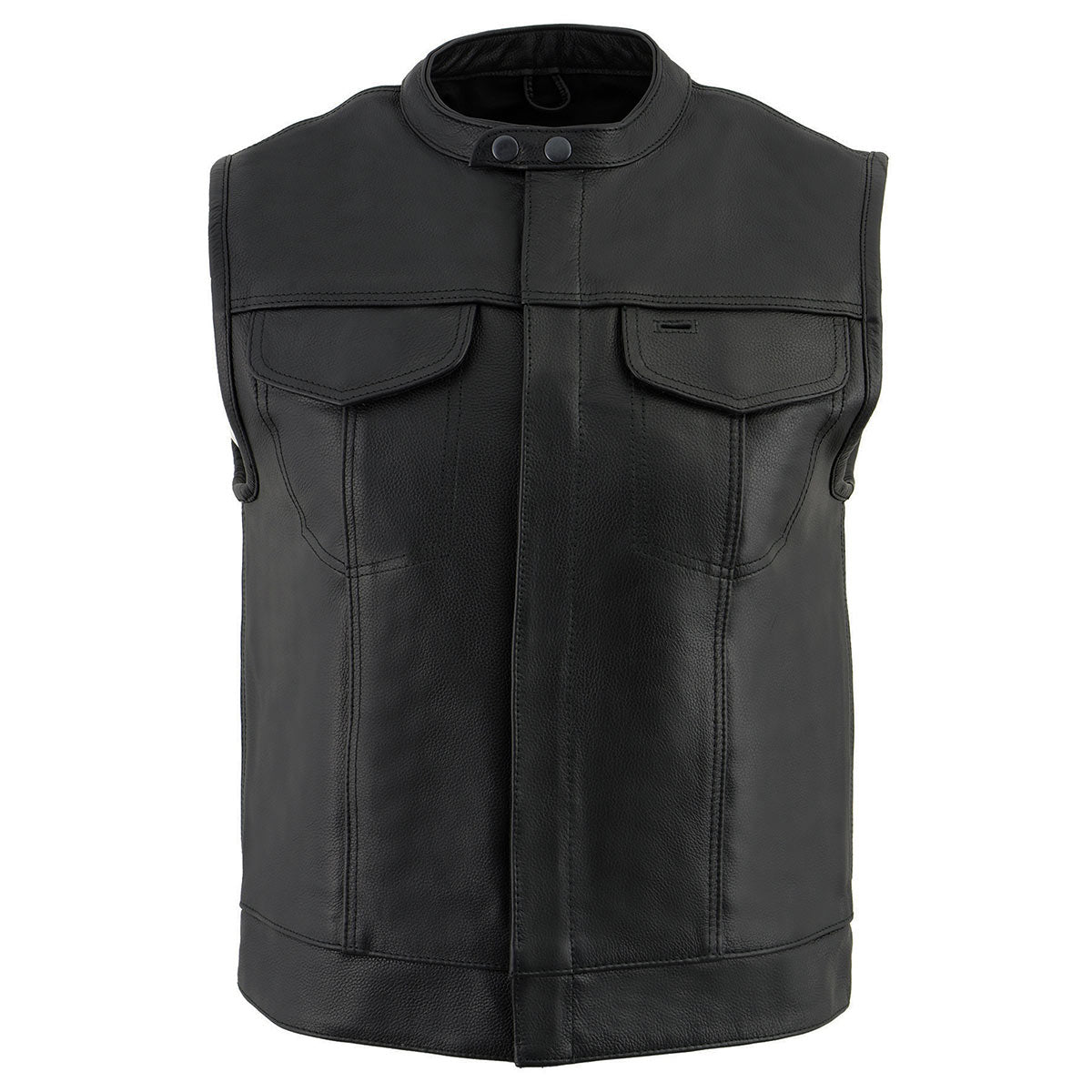 LKM3720 Men's Black Leather Club Style Motorcycle Rider Vest with Concealed Snap Button Closure