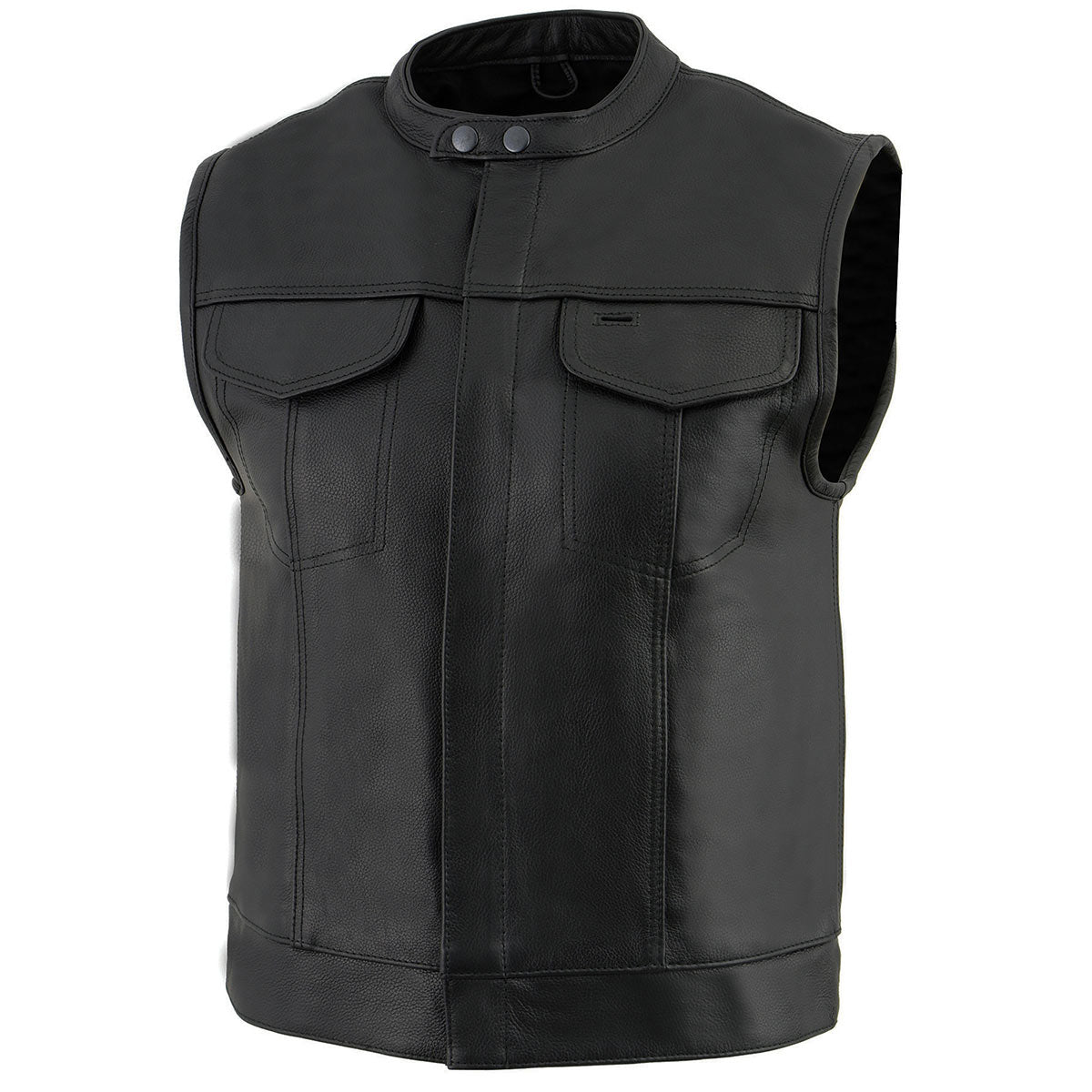 LKM3720 Men's Black Leather Club Style Motorcycle Rider Vest with Concealed Snap Button Closure