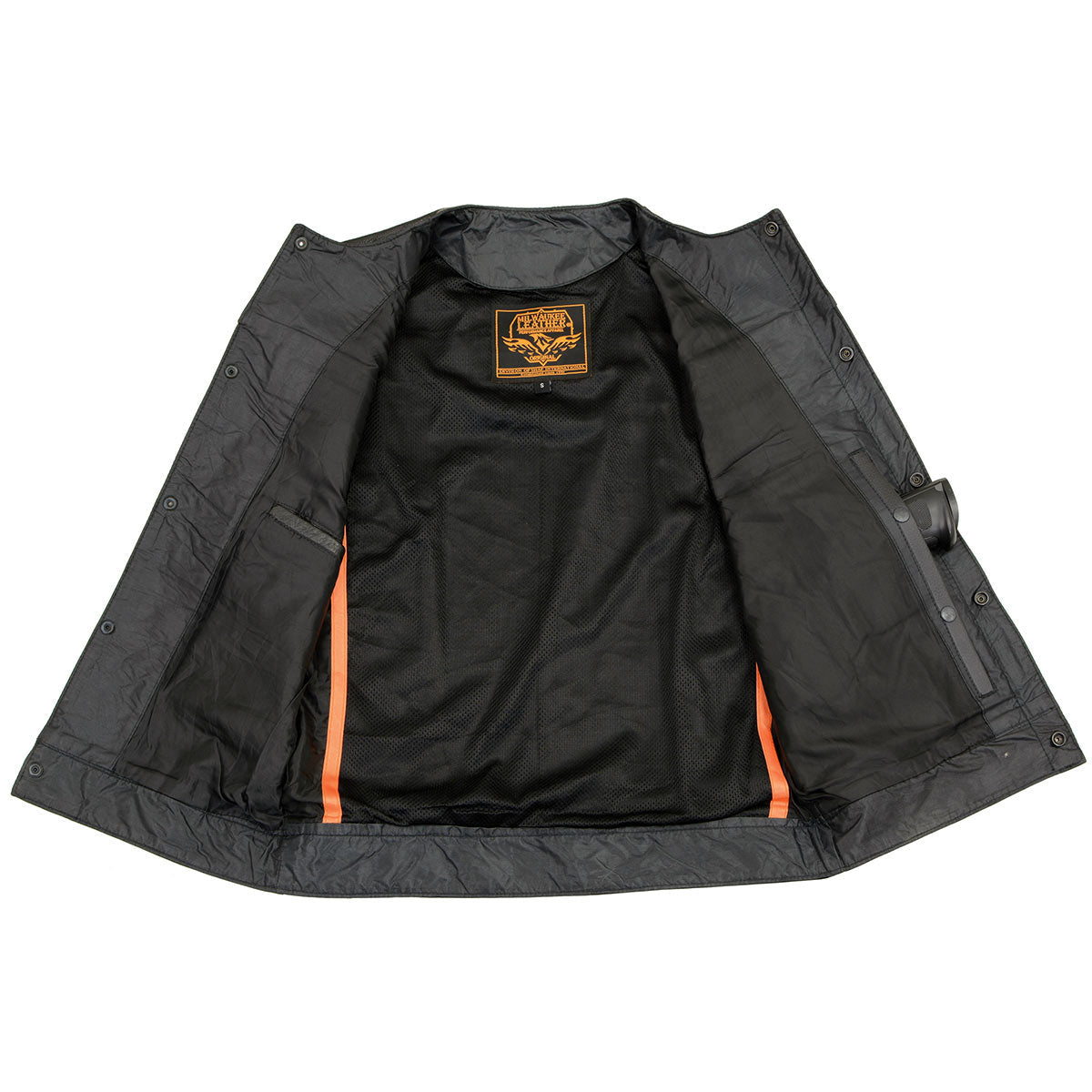 LKM3721 Men's Black Leather Collarless Club Style Motorcycle Rider Vest w/Concealed Snap Closure