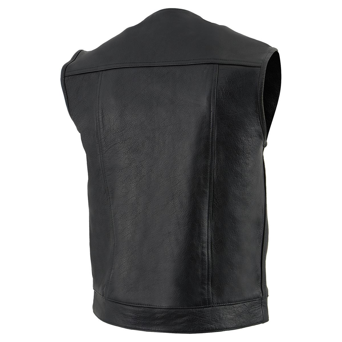 LKM3721 Men's Black Leather Collarless Club Style Motorcycle Rider Vest w/Concealed Snap Closure