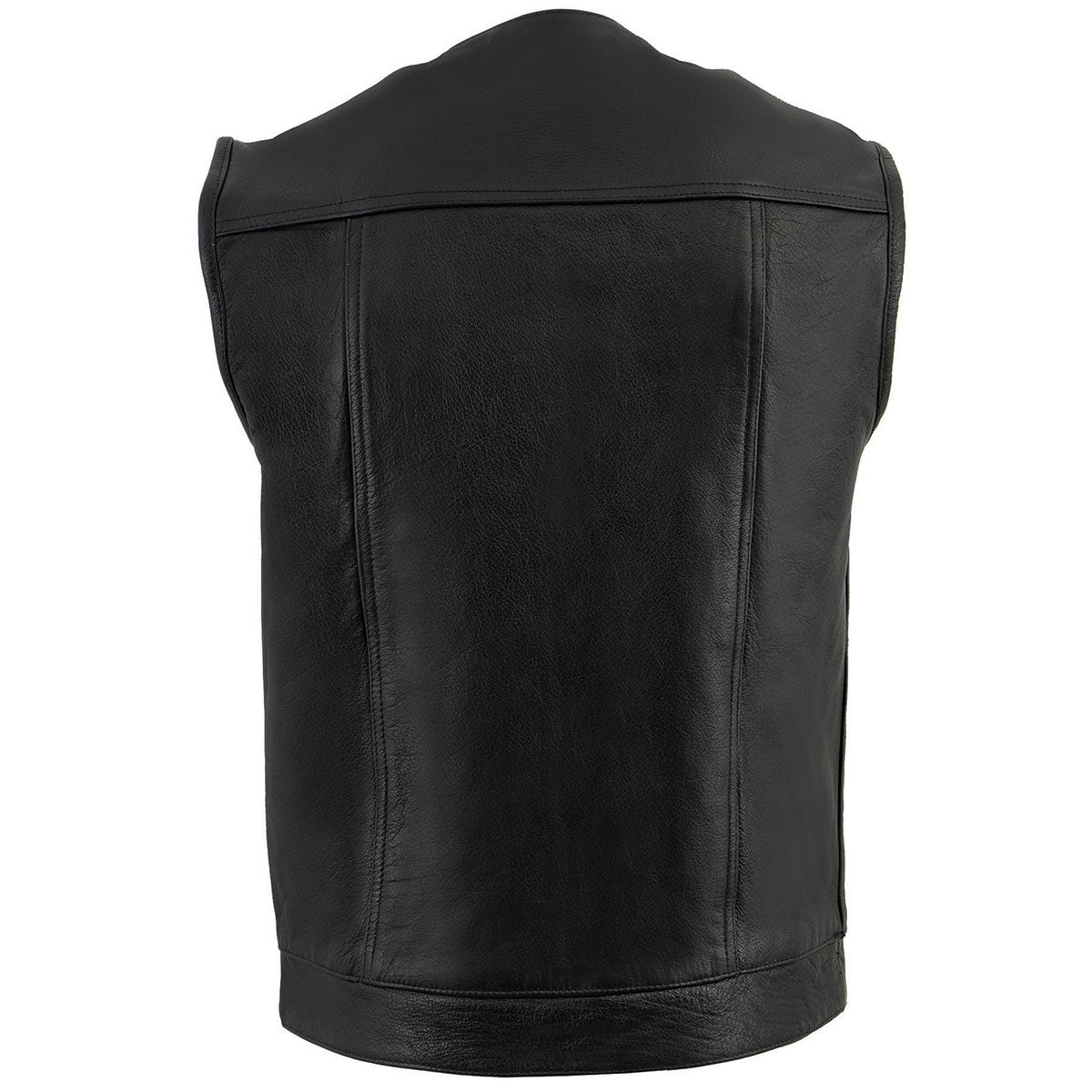 LKM3721 Men's Black Leather Collarless Club Style Motorcycle Rider Vest w/Concealed Snap Closure