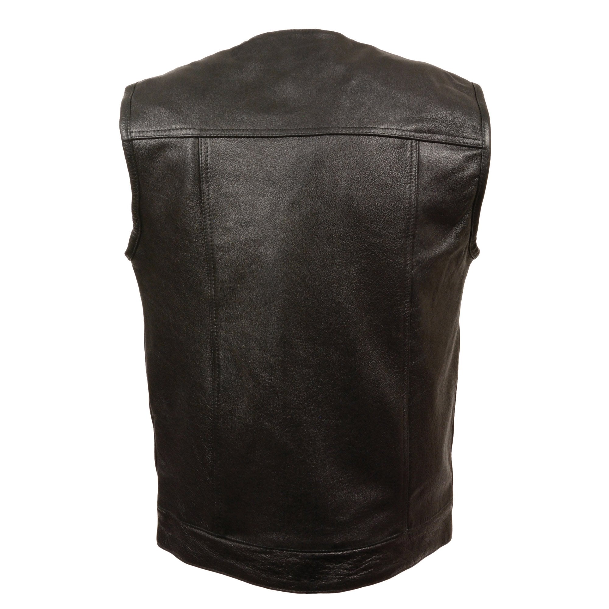 LKM3721 Men's Black Leather Collarless Club Style Motorcycle Rider Vest w/Concealed Snap Closure