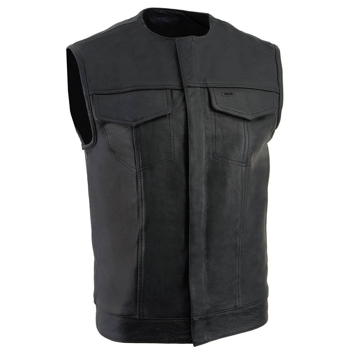 LKM3721 Men's Black Leather Collarless Club Style Motorcycle Rider Vest w/Concealed Snap Closure