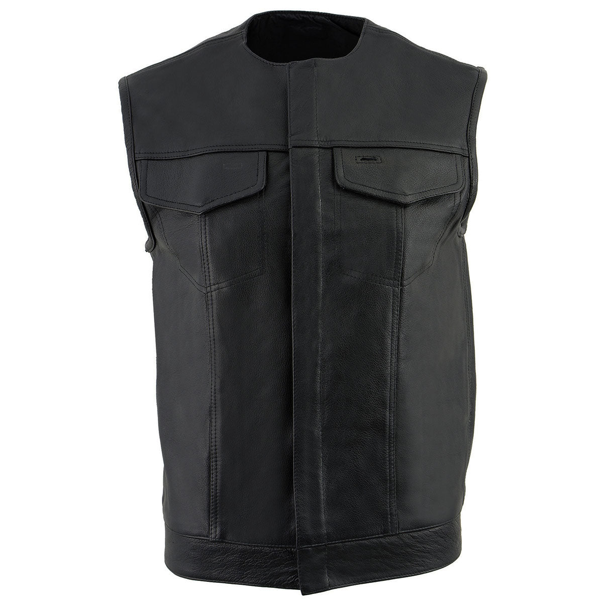 LKM3721 Men's Black Leather Collarless Club Style Motorcycle Rider Vest w/Concealed Snap Closure