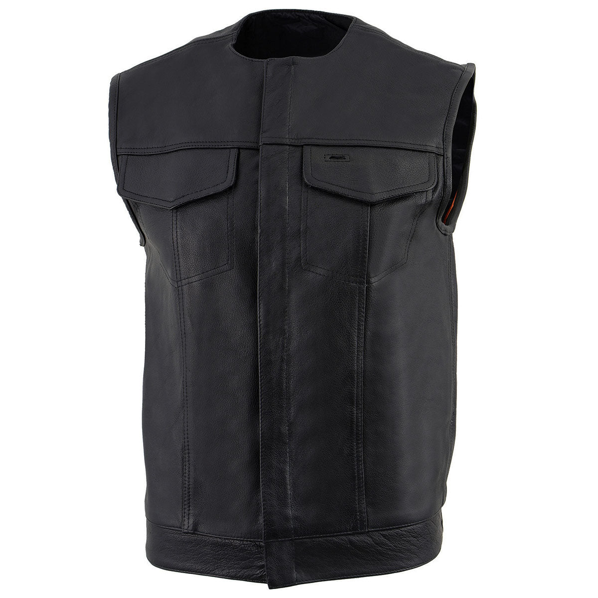 LKM3721 Men's Black Leather Collarless Club Style Motorcycle Rider Vest w/Concealed Snap Closure