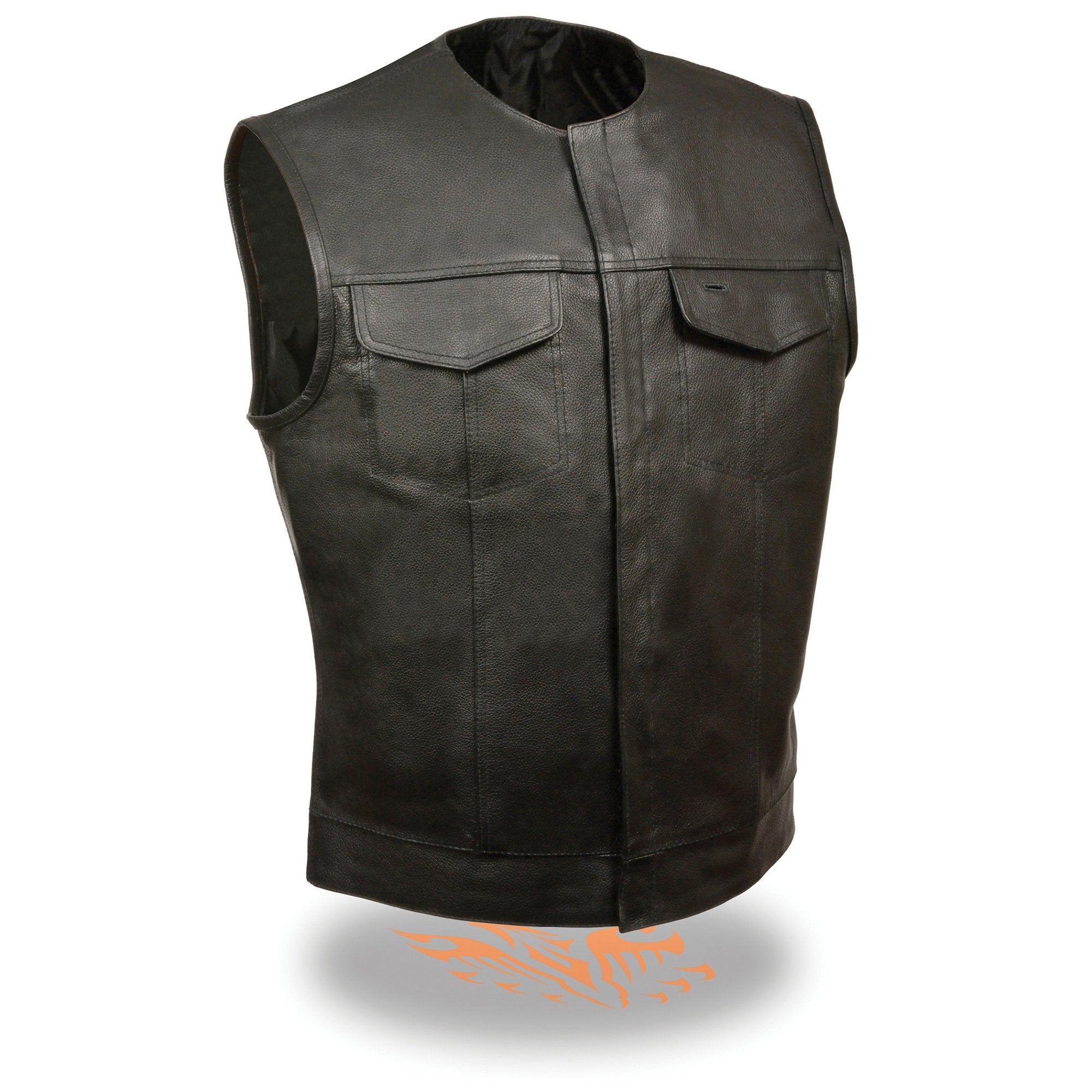 LKM3721 Men's Black Leather Collarless Club Style Motorcycle Rider Vest w/Concealed Snap Closure