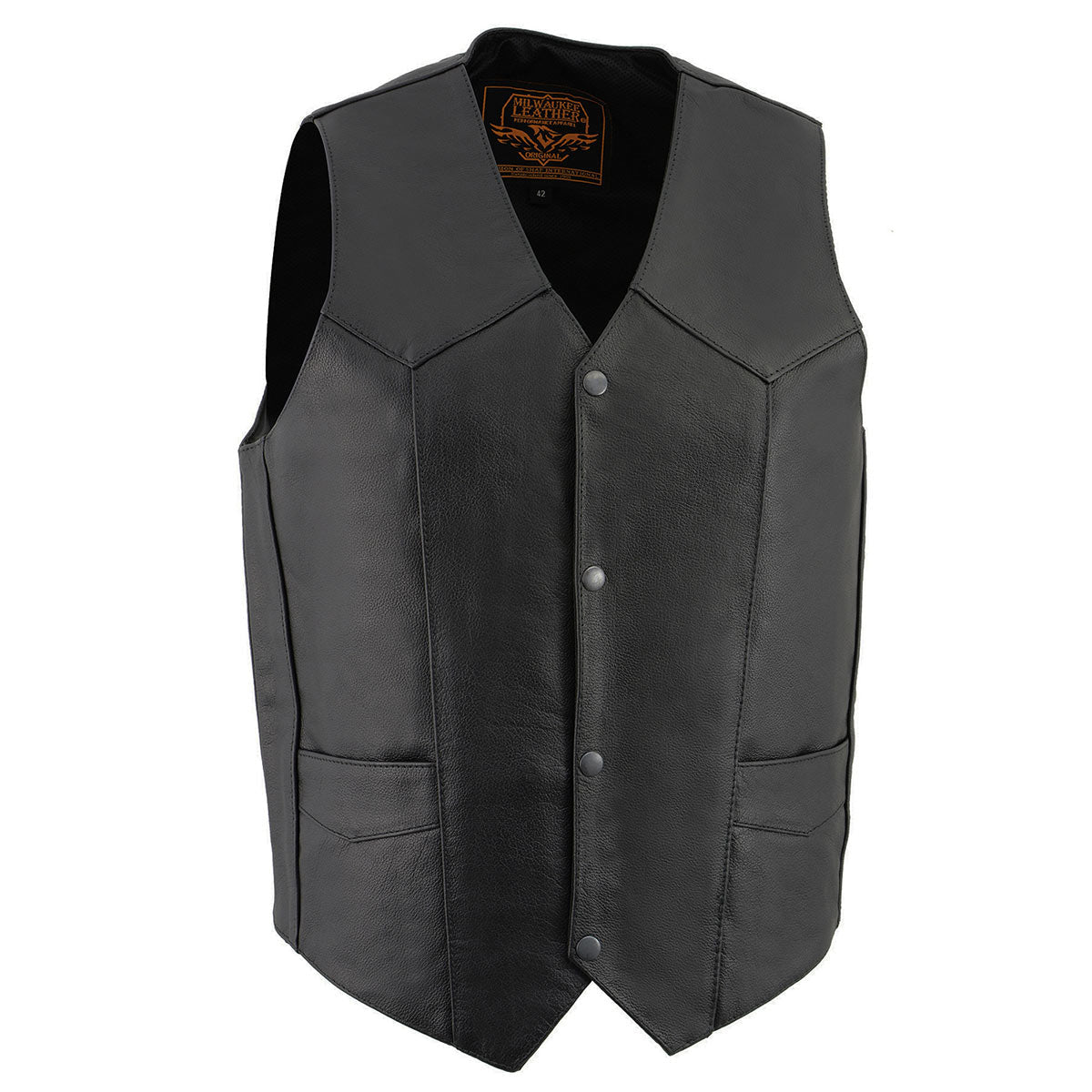 LKM3730 Men's Black Leather Western Style V-Neck Motorcycle Rider Vest with Front Snap Closure