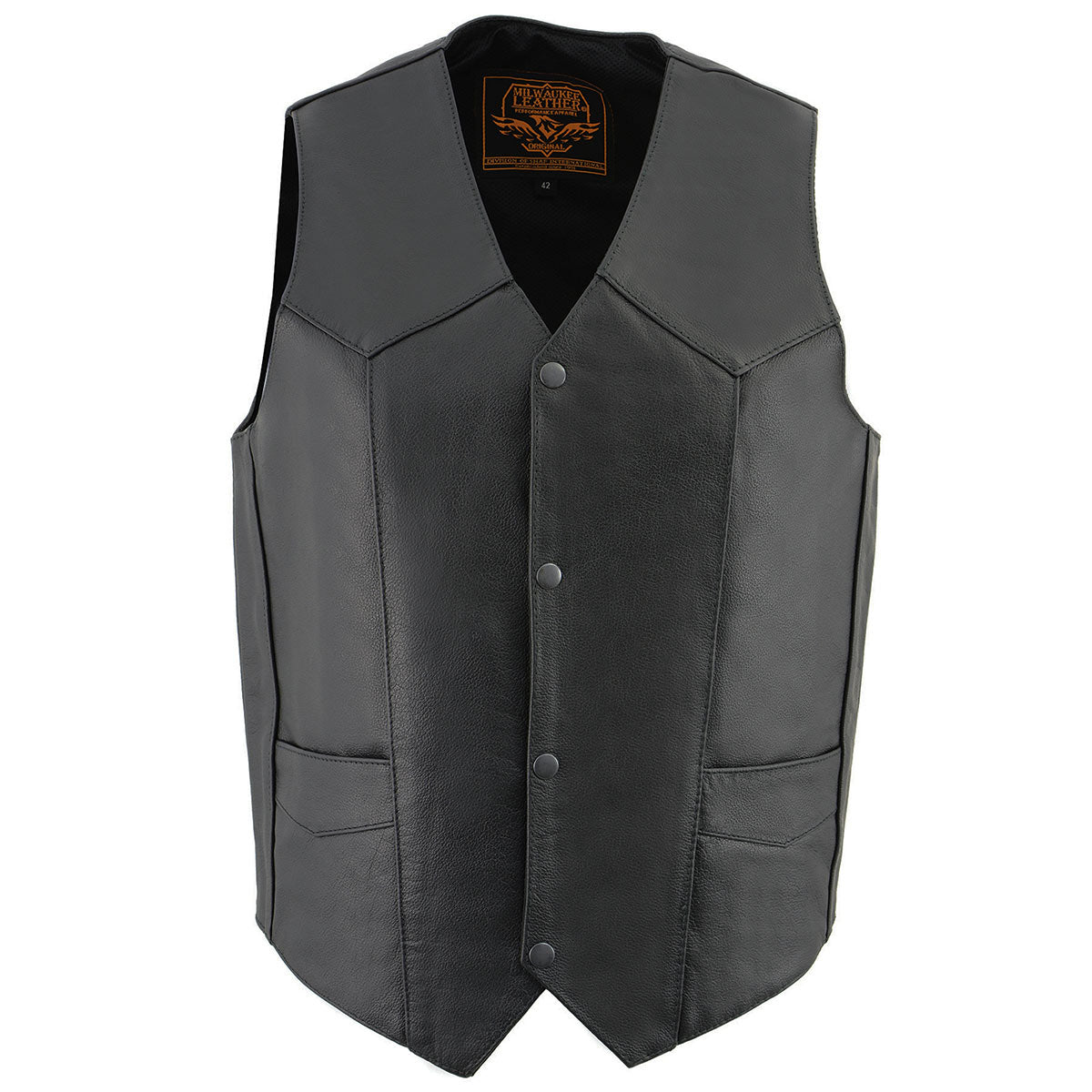 LKM3730 Men's Black Leather Western Style V-Neck Motorcycle Rider Vest with Front Snap Closure