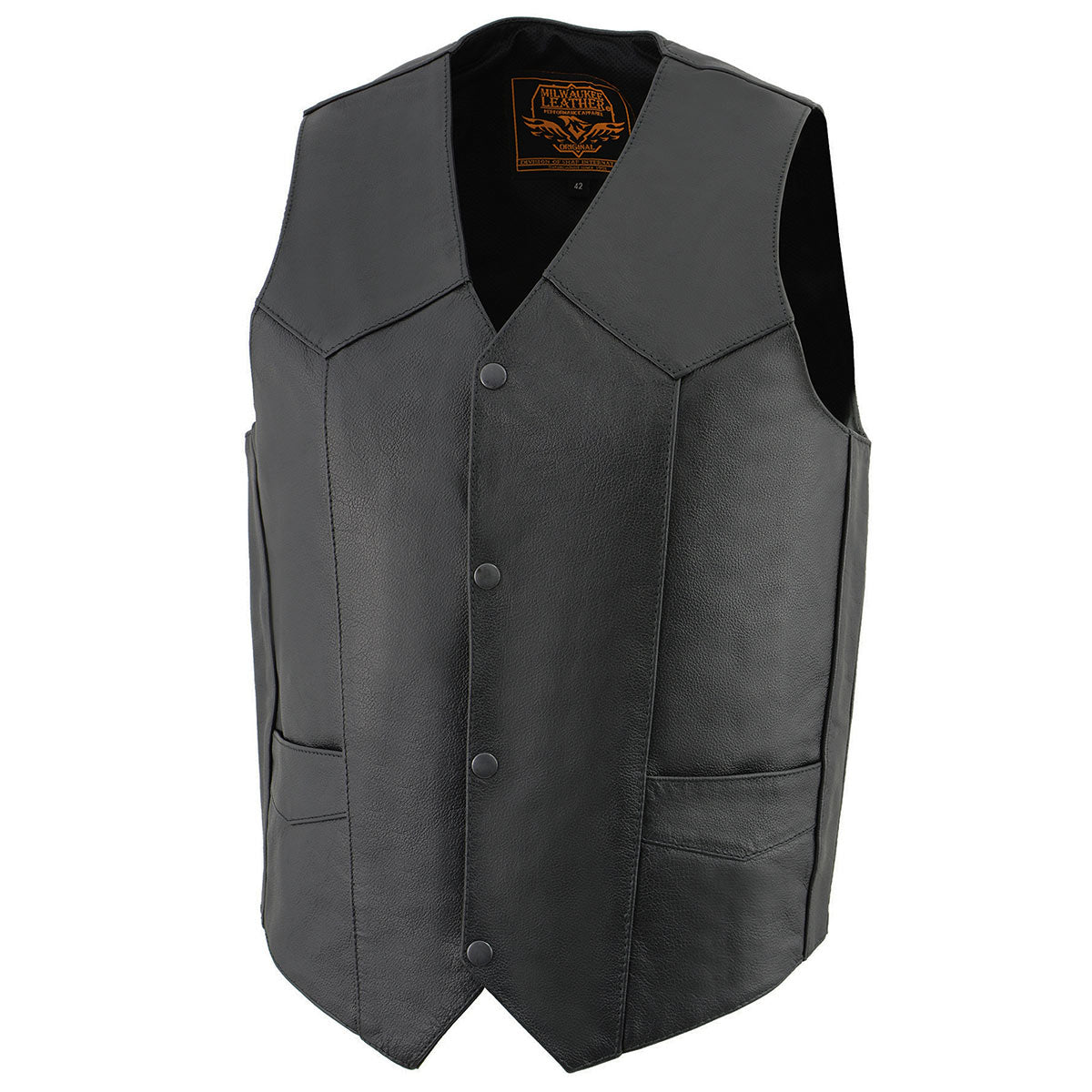 LKM3730 Men's Black Leather Western Style V-Neck Motorcycle Rider Vest with Front Snap Closure