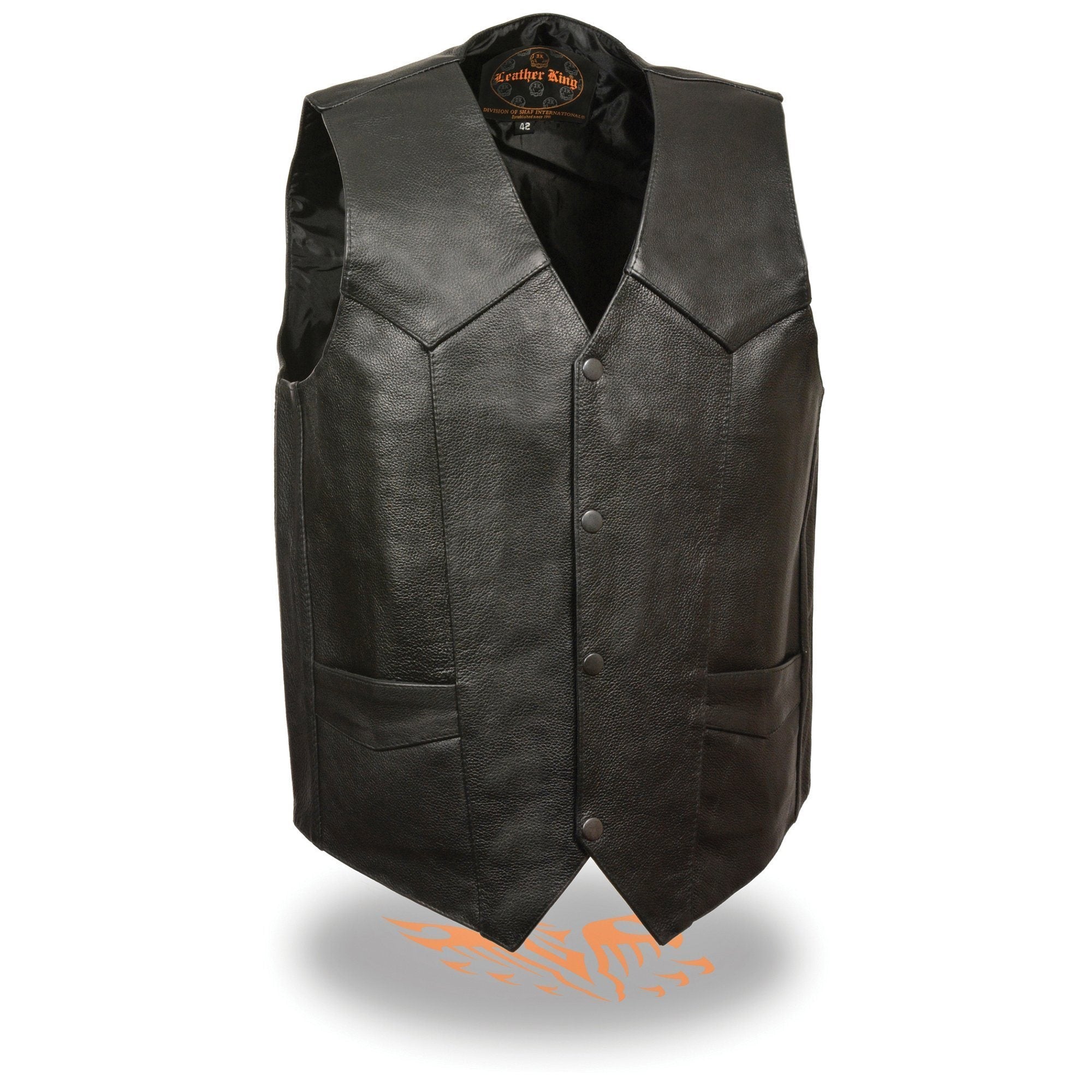 LKM3730 Men's Black Leather Western Style V-Neck Motorcycle Rider Vest with Front Snap Closure