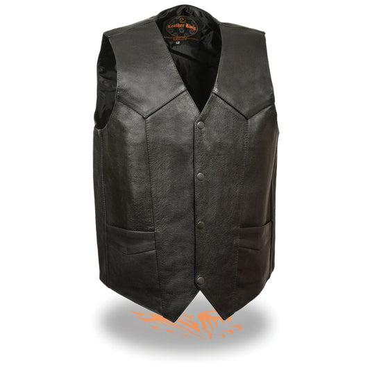 LKM3730 Men's Black Leather Western Style V-Neck Motorcycle Rider Vest with Front Snap Closure