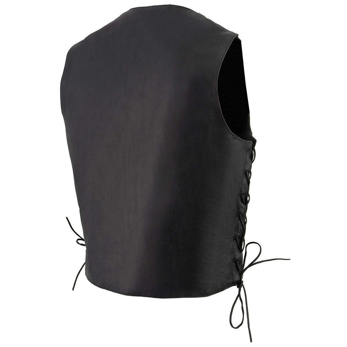 LKM3731 Men's Black Leather Classic Side Lace V-Neck Motorcycle Rider Vest w/ Front Snap Closure