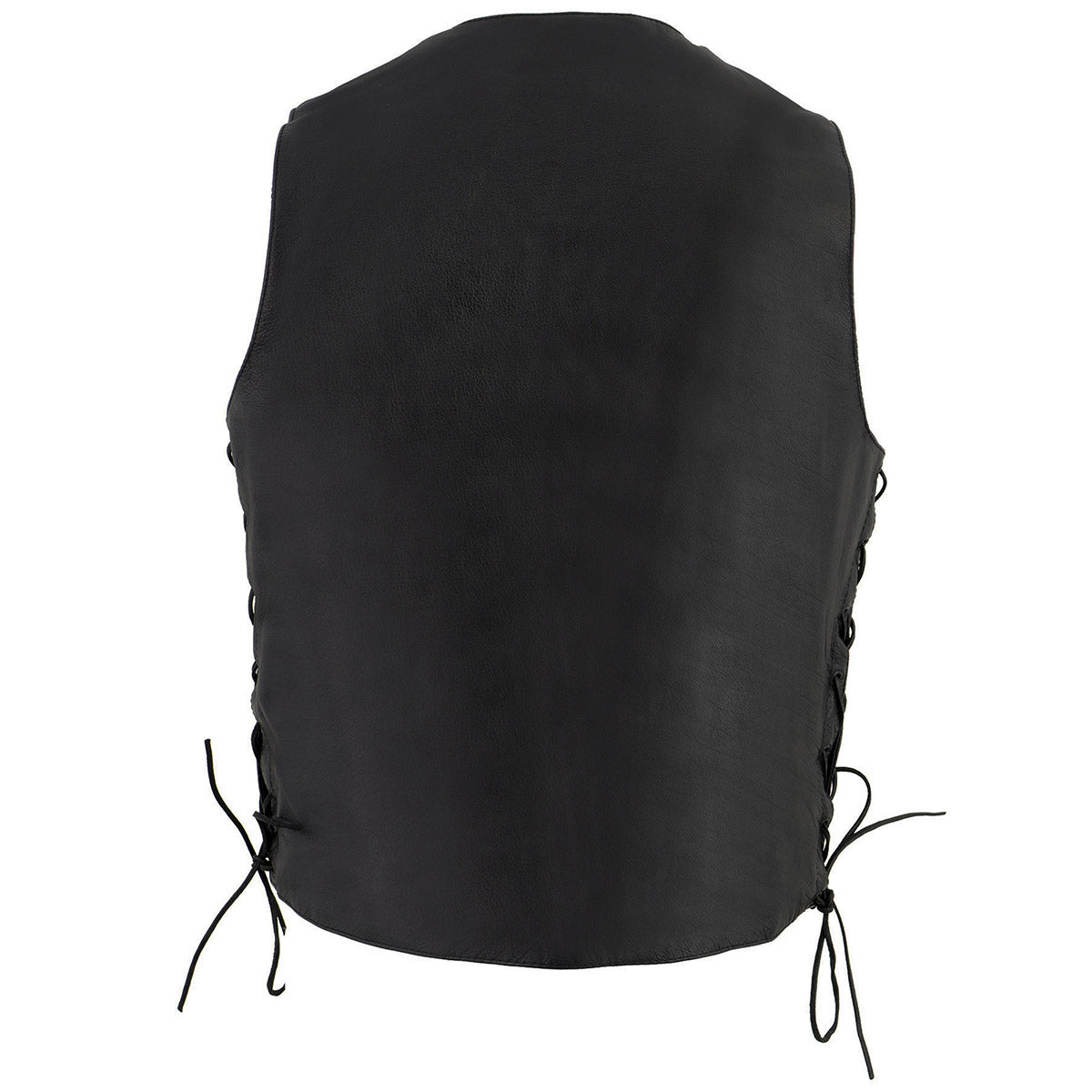 LKM3731 Men's Black Leather Classic Side Lace V-Neck Motorcycle Rider Vest w/ Front Snap Closure