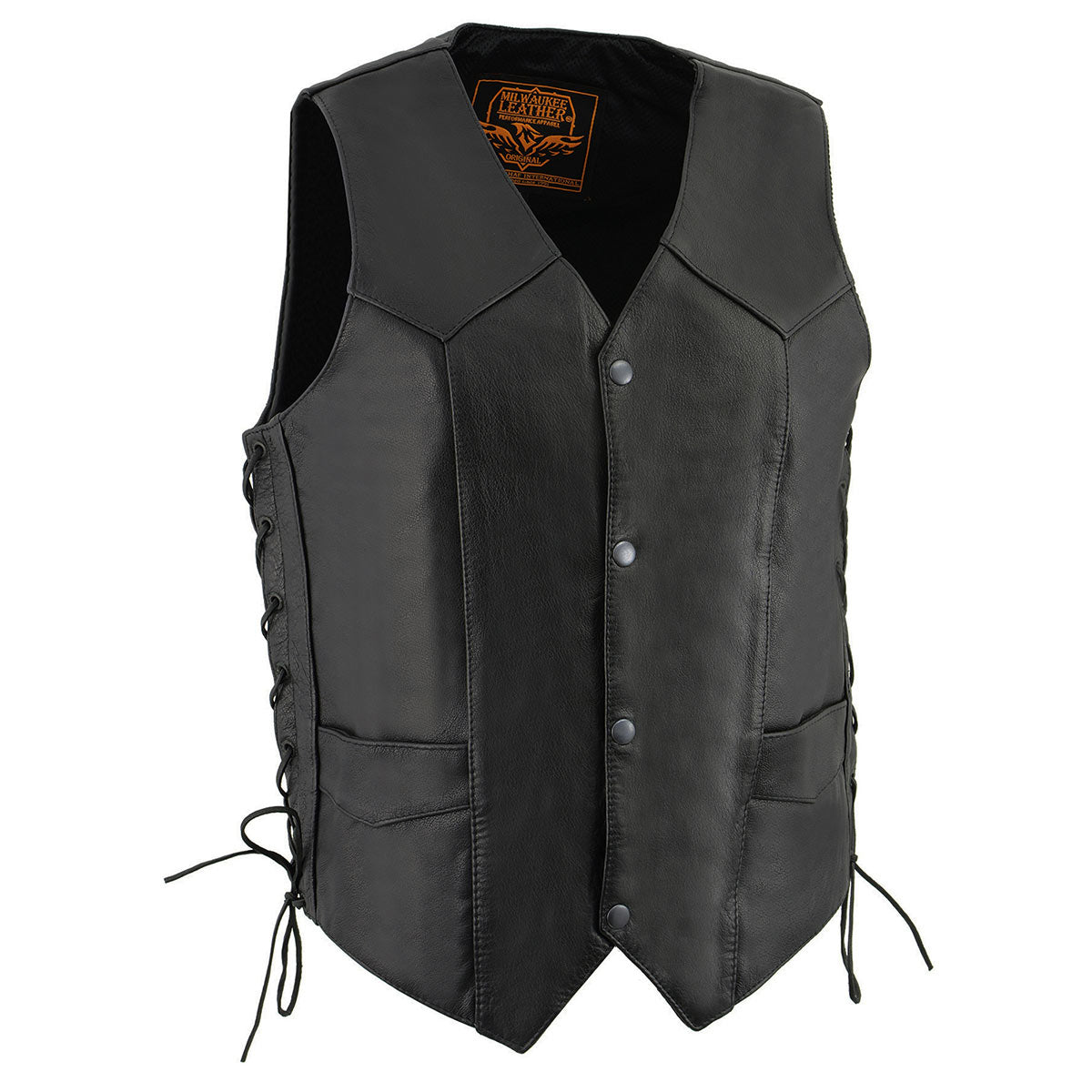 LKM3731 Men's Black Leather Classic Side Lace V-Neck Motorcycle Rider Vest w/ Front Snap Closure