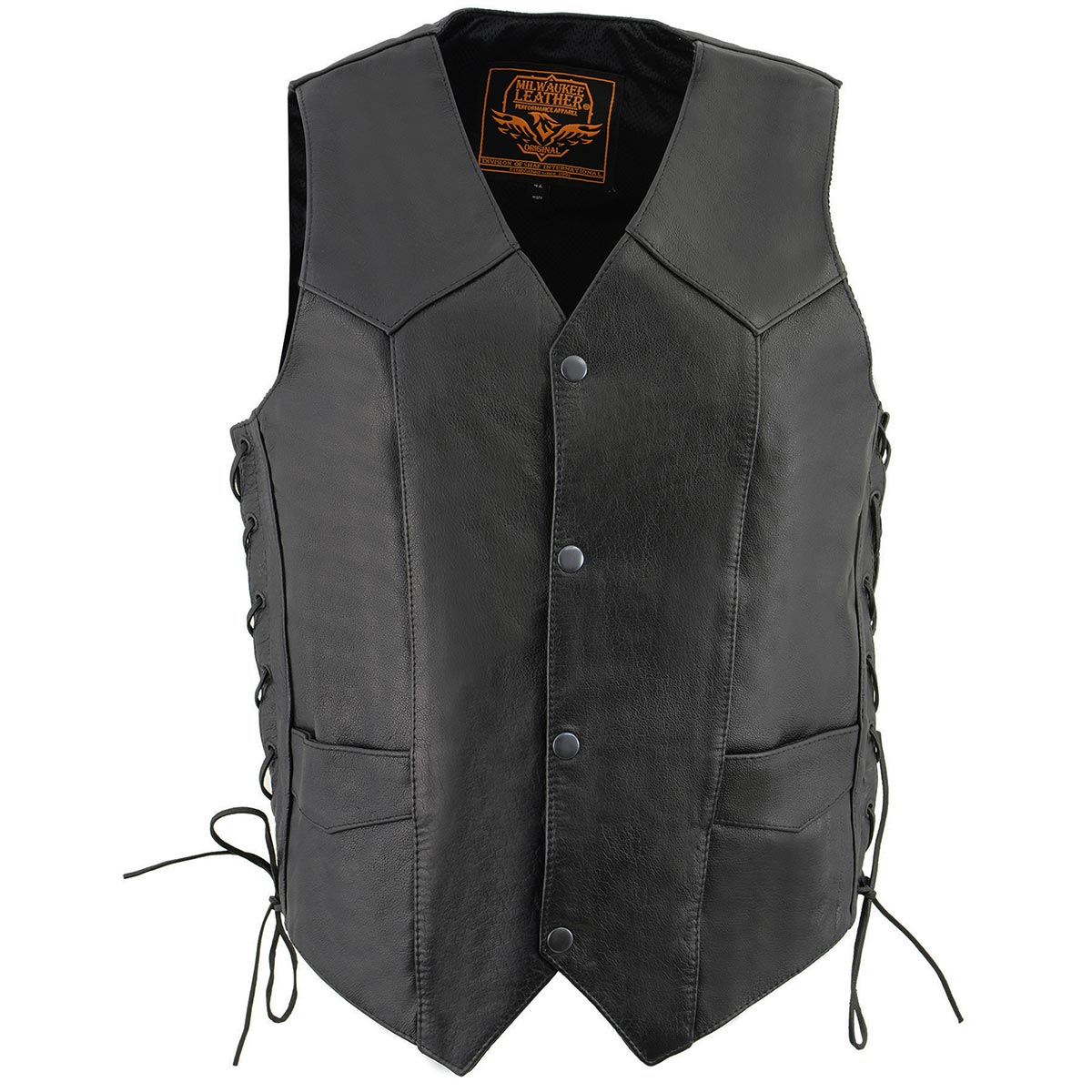 LKM3731 Men's Black Leather Classic Side Lace V-Neck Motorcycle Rider Vest w/ Front Snap Closure