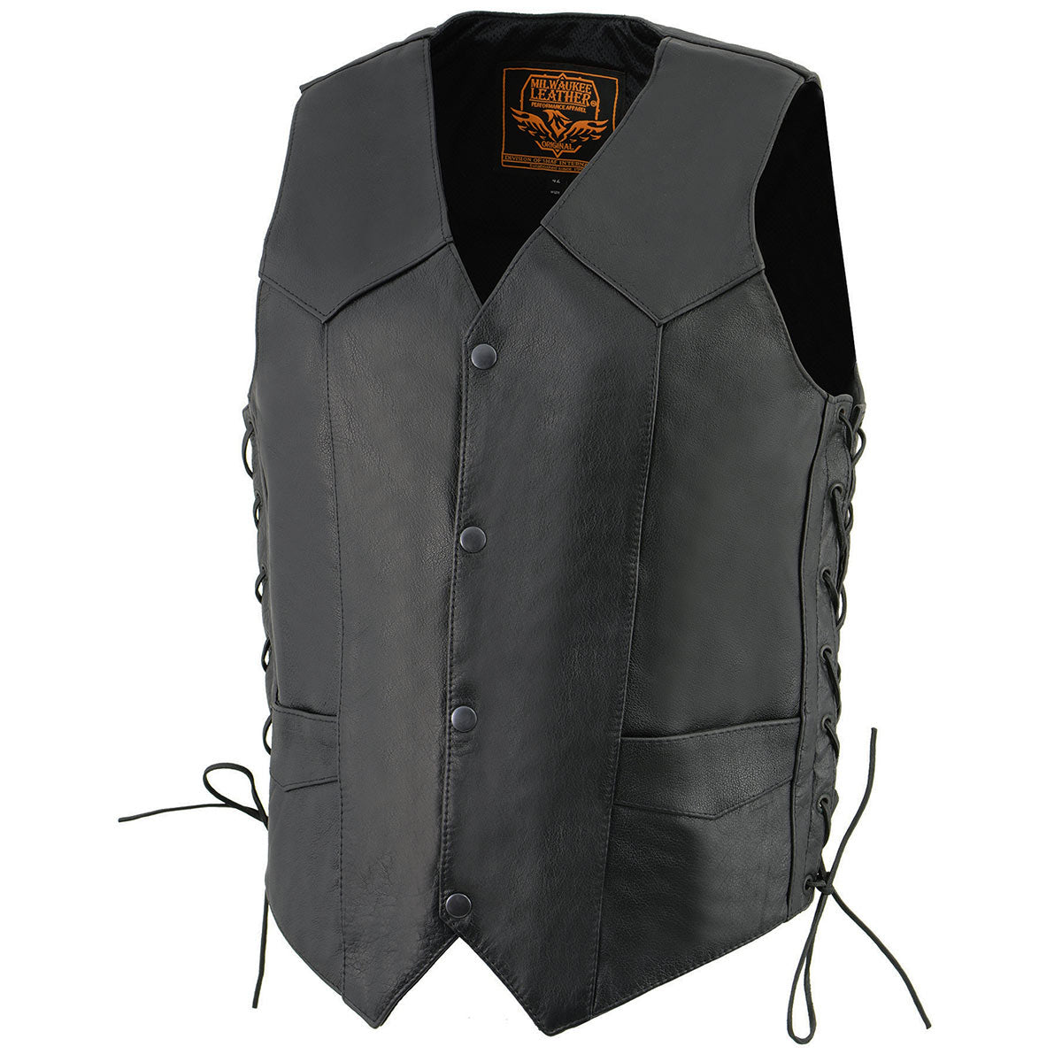 LKM3731 Men's Black Leather Classic Side Lace V-Neck Motorcycle Rider Vest w/ Front Snap Closure