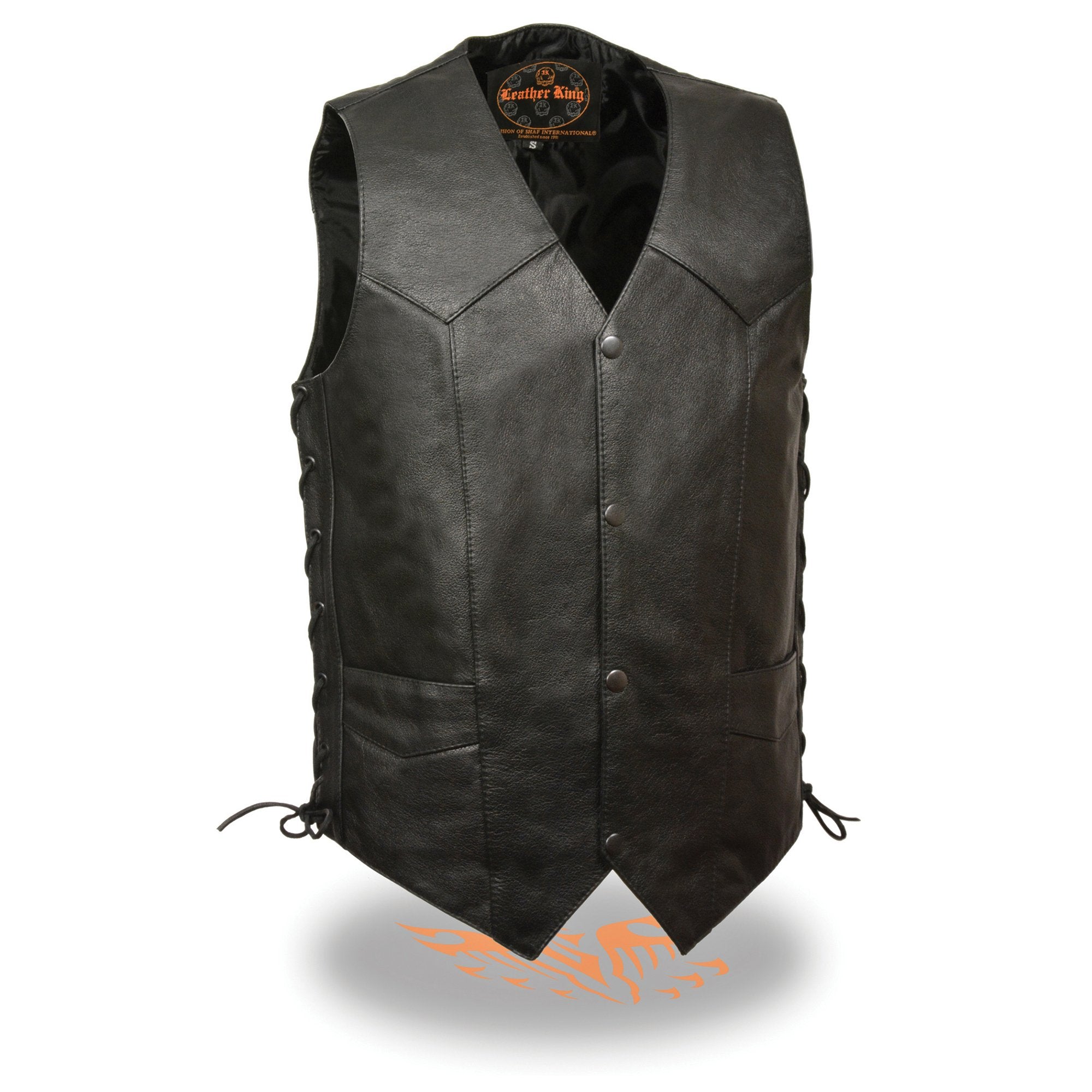 LKM3731 Men's Black Leather Classic Side Lace V-Neck Motorcycle Rider Vest w/ Front Snap Closure
