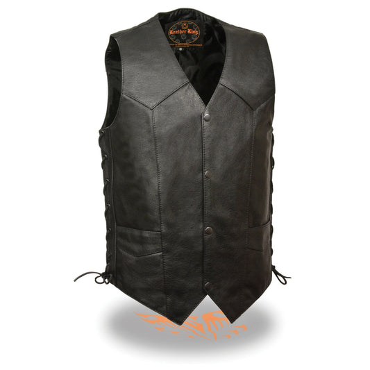 LKM3731 Men's Black Leather Classic Side Lace V-Neck Motorcycle Rider Vest w/ Front Snap Closure