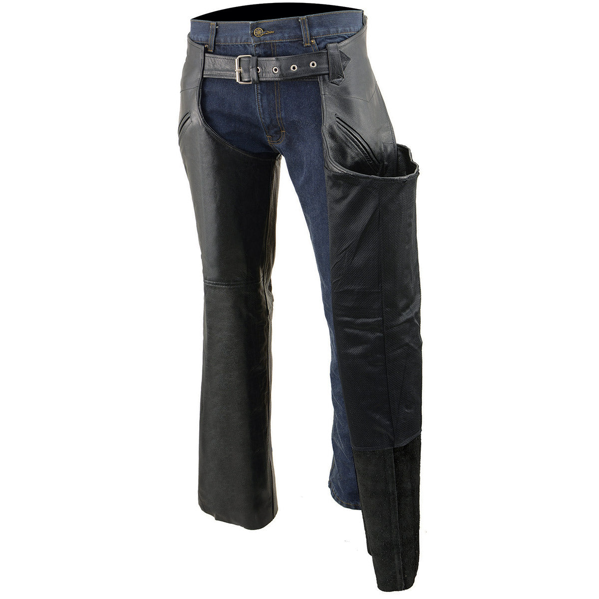 Men's Black Premium Leather Motorcycle Riders Chaps w/ Slash Pockets Mesh Lined - LKM5710