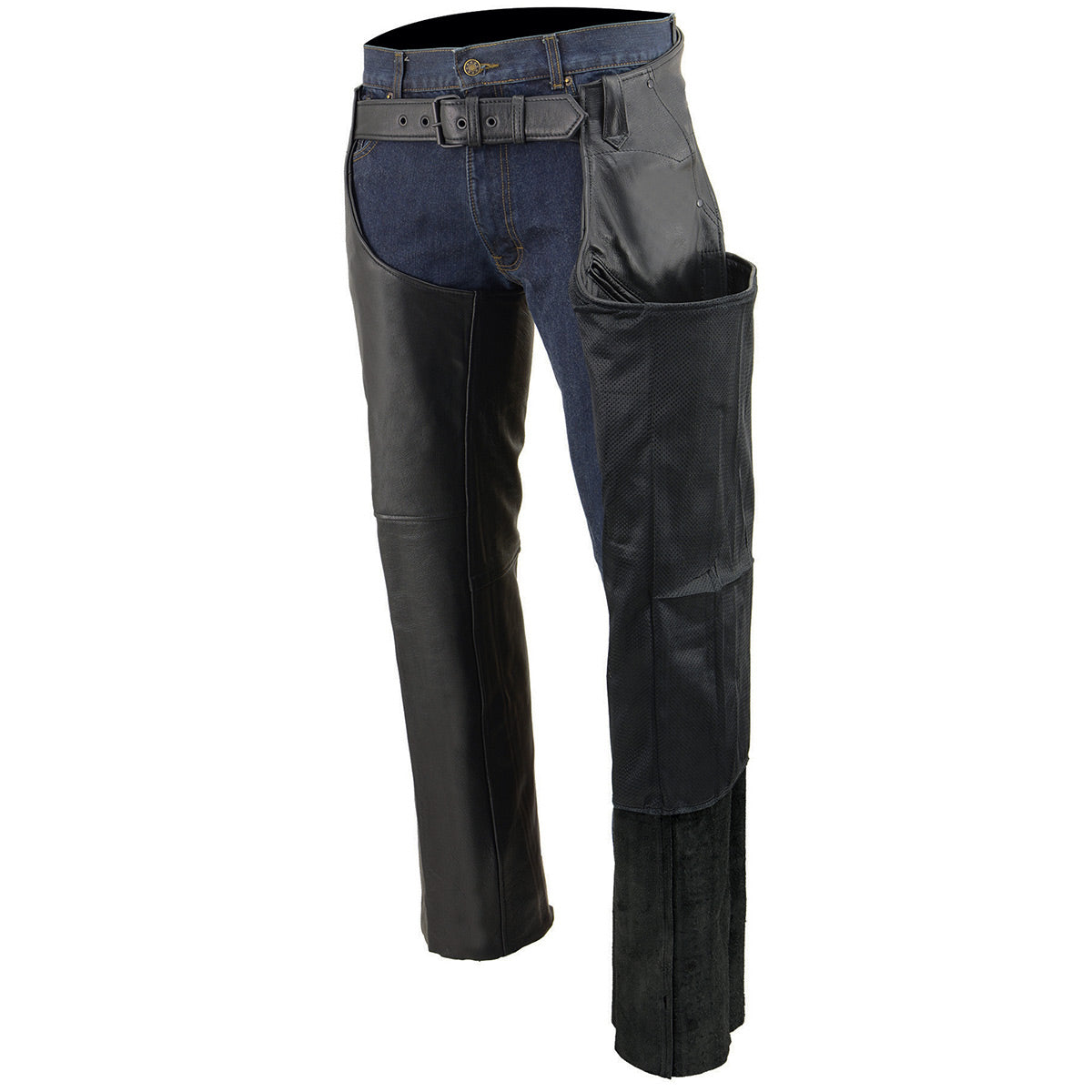 Chaps for Men's Black Leather 3-Front Pockets- Thigh Patch Pocket Motorcycle Riders Chap- LKM5780
