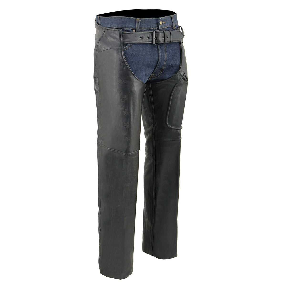 Chaps for Men's Black Leather 3-Front Pockets- Thigh Patch Pocket Motorcycle Riders Chap- LKM5780