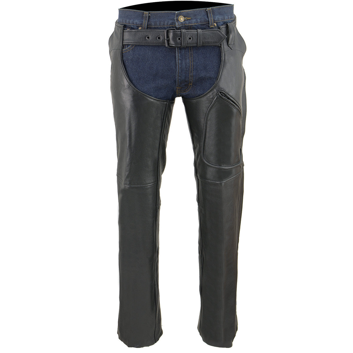 Chaps for Men's Black Leather 3-Front Pockets- Thigh Patch Pocket Motorcycle Riders Chap- LKM5780