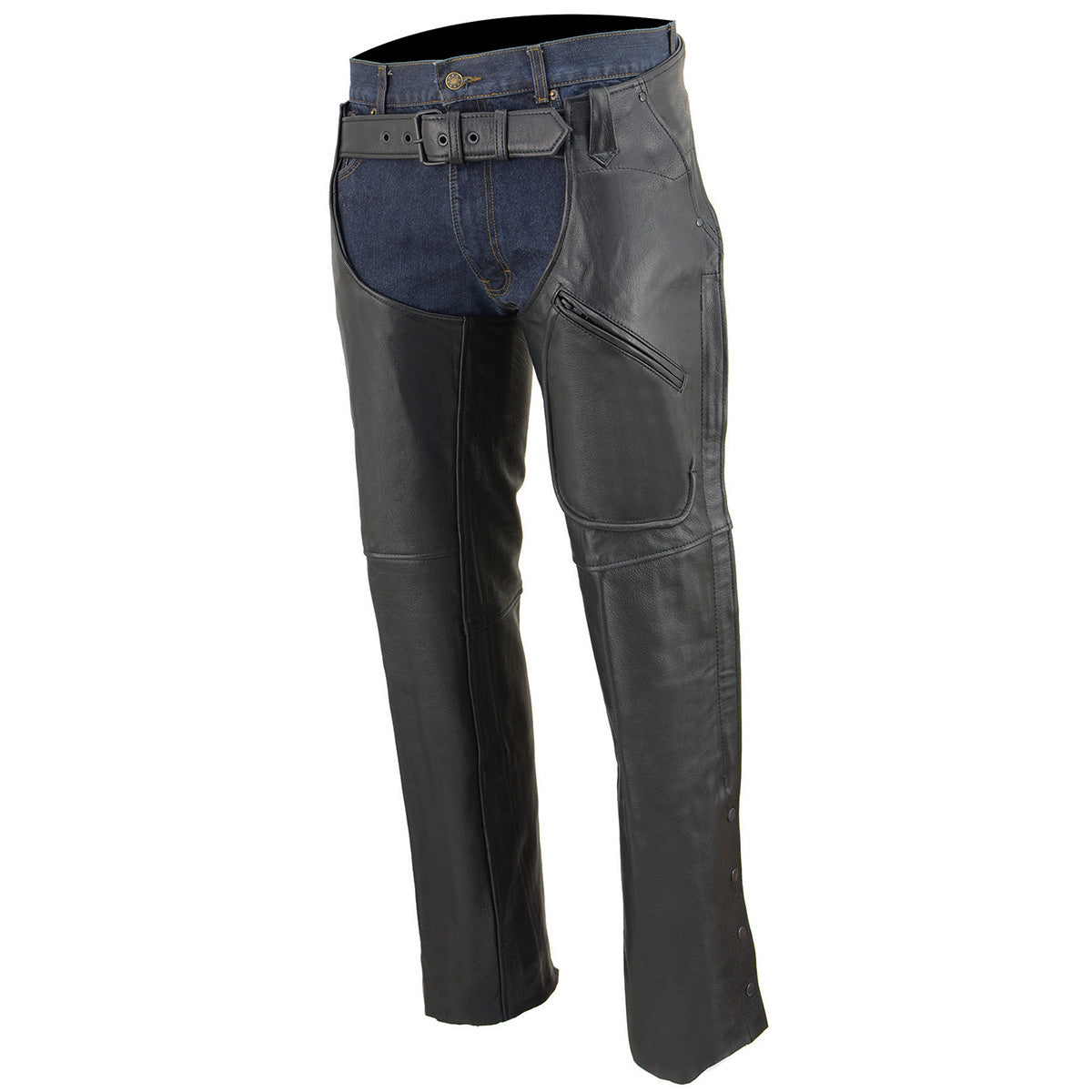 Chaps for Men's Black Leather 3-Front Pockets- Thigh Patch Pocket Motorcycle Riders Chap- LKM5780