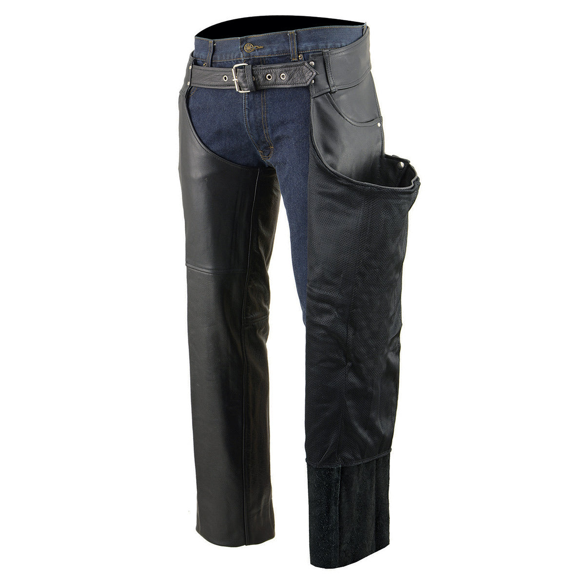 Chaps for Men's Black Premium Leather- Classic Jean Style Pockets Motorcycle Riders Chap- LKM5781