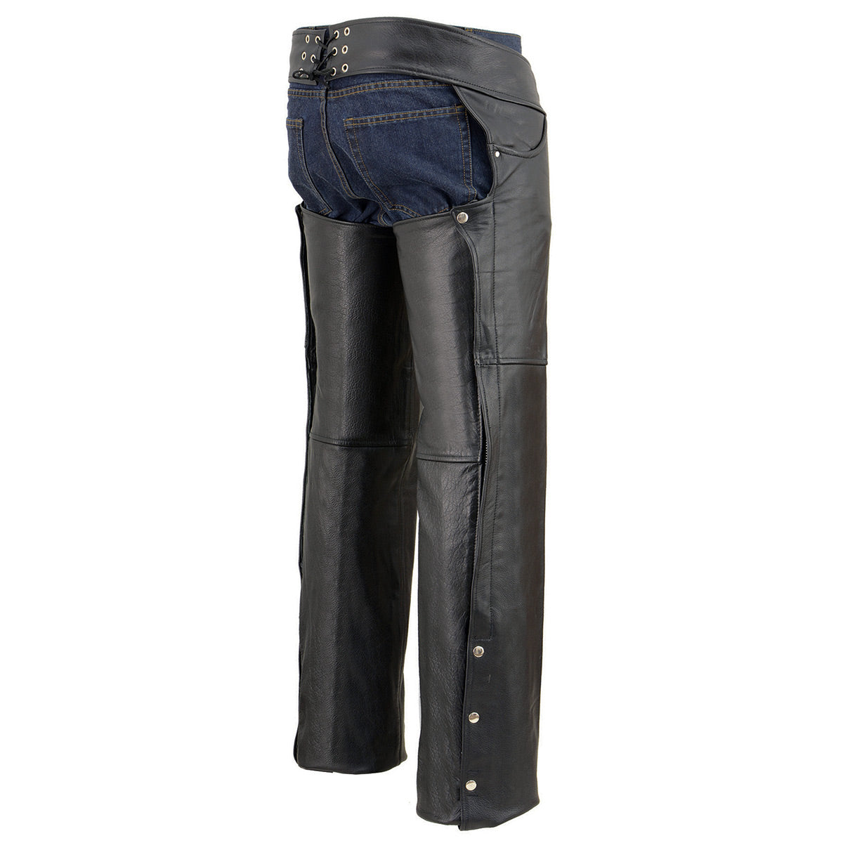 Chaps for Men's Black Premium Leather- Classic Jean Style Pockets Motorcycle Riders Chap- LKM5781
