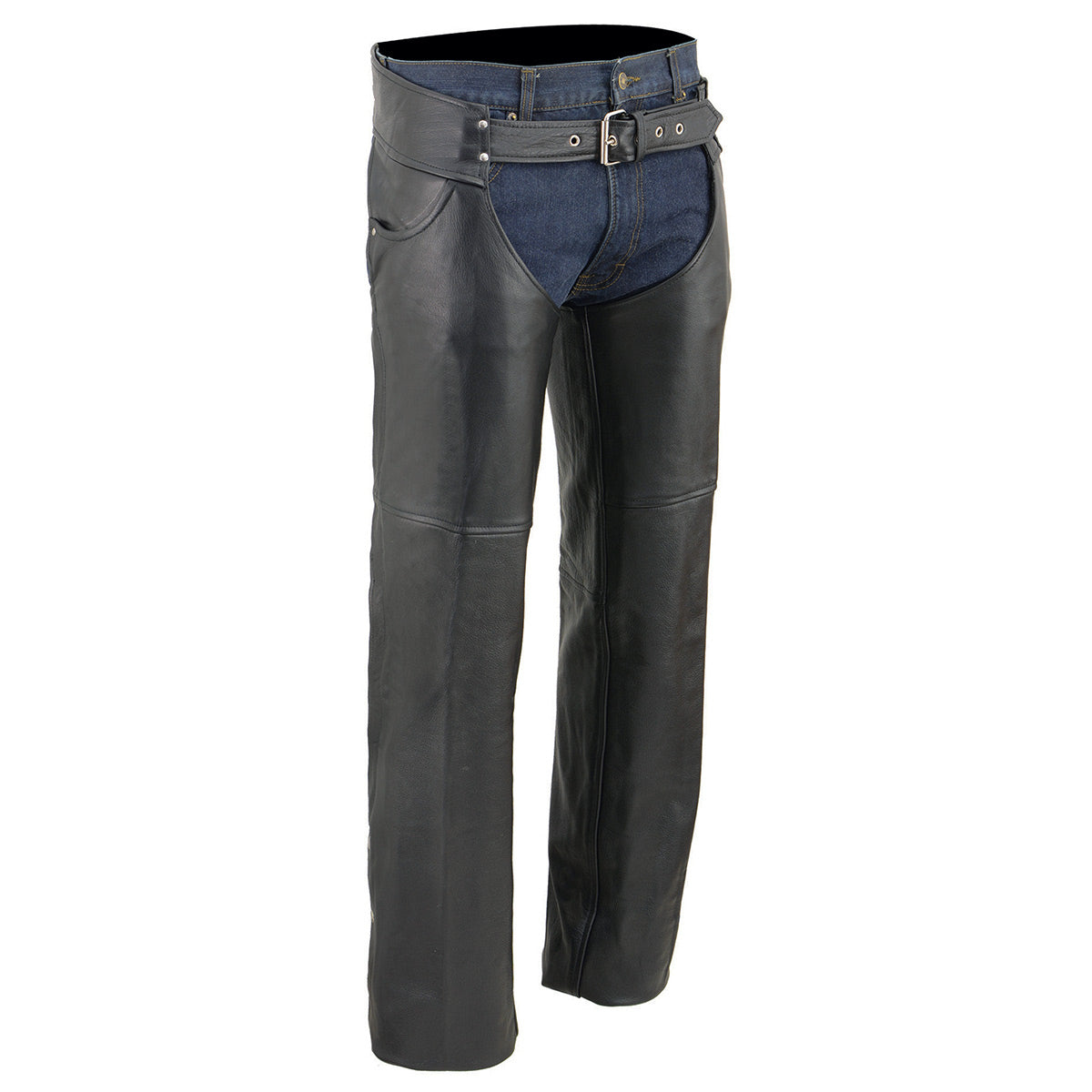 Chaps for Men's Black Premium Leather- Classic Jean Style Pockets Motorcycle Riders Chap- LKM5781
