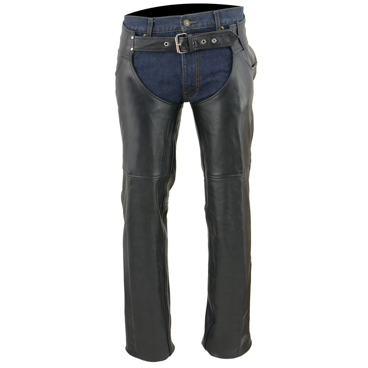 Chaps for Men's Black Premium Leather- Classic Jean Style Pockets Motorcycle Riders Chap- LKM5781