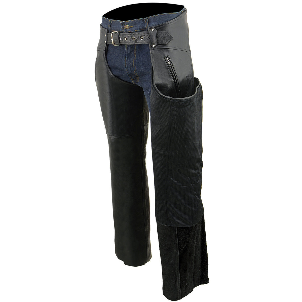 Chaps for Men's Black Leather Dual Side Thigh Zipper Close Pockets Motorcycle Rider Chap- LKM5782