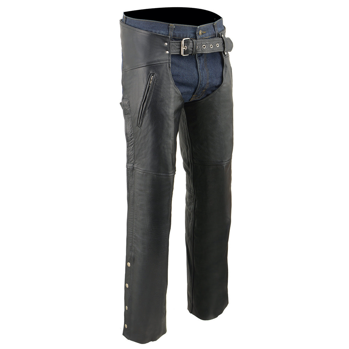 Chaps for Men's Black Leather Dual Side Thigh Zipper Close Pockets Motorcycle Rider Chap- LKM5782
