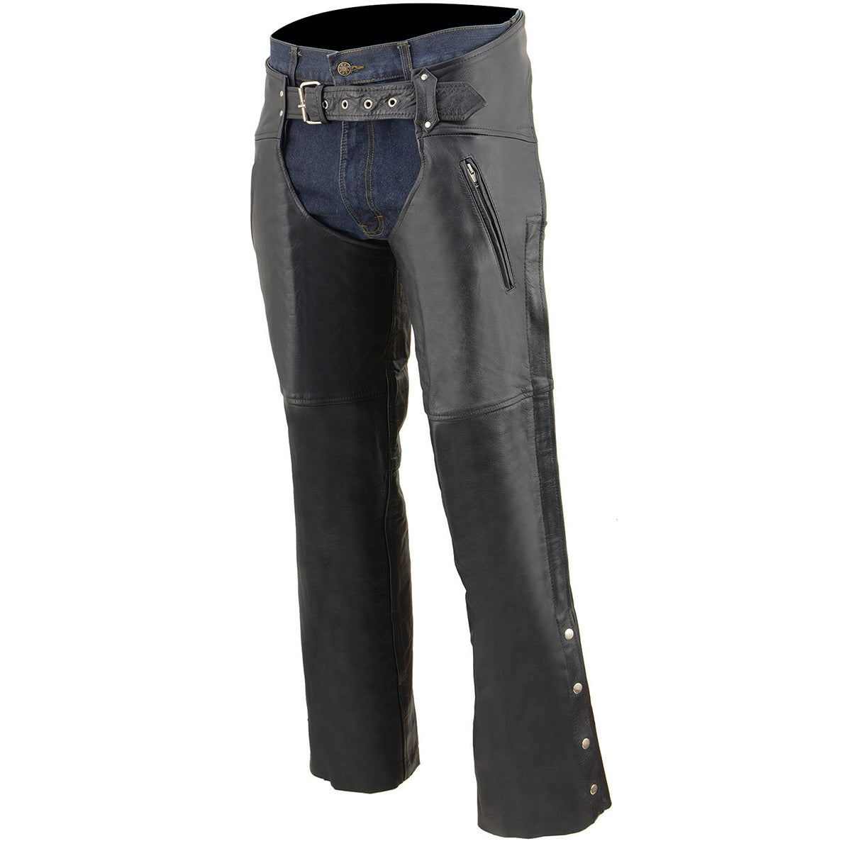 Chaps for Men's Black Leather Dual Side Thigh Zipper Close Pockets Motorcycle Rider Chap- LKM5782
