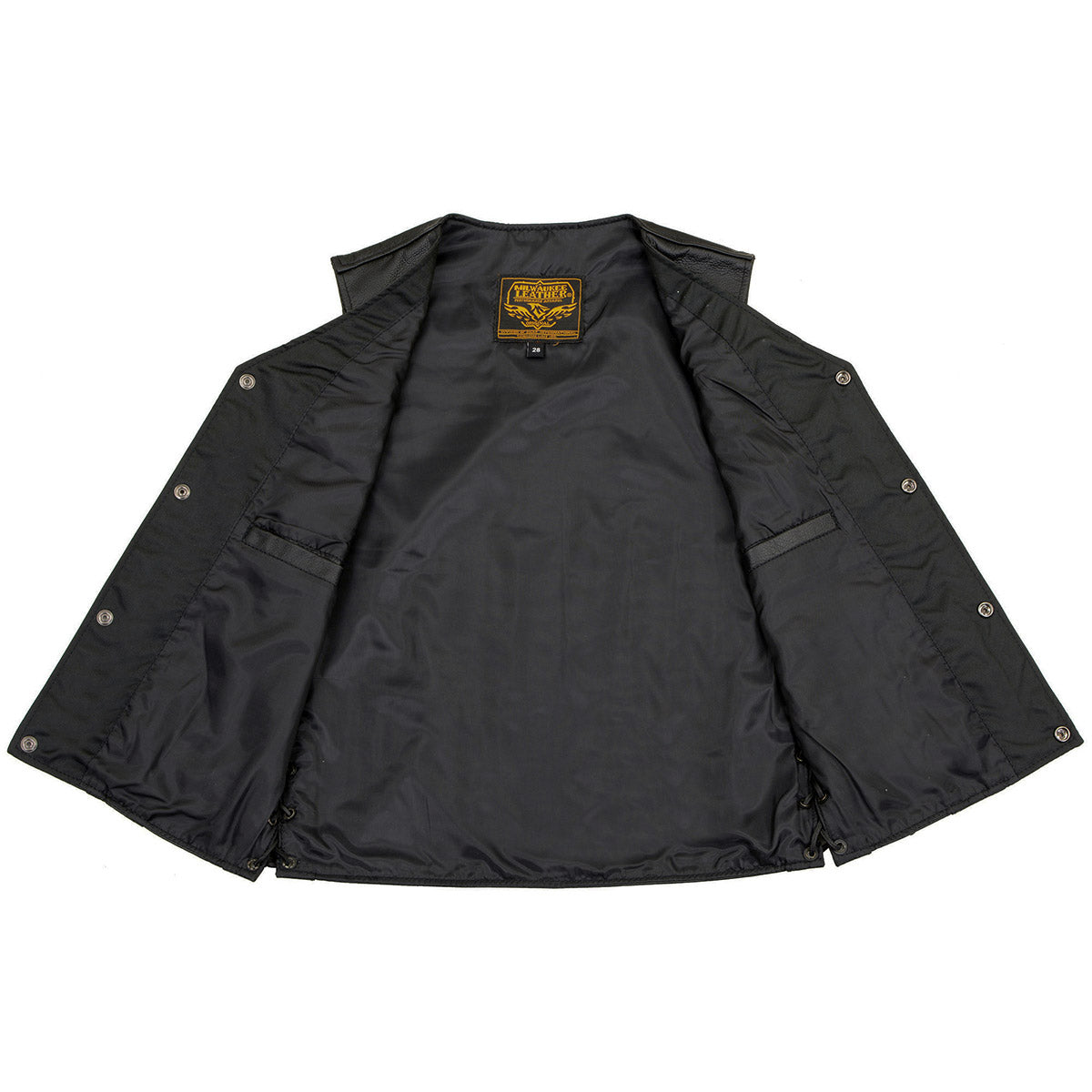 LKY3870 Youth Size Black Leather Biker Style Vest with Snap Front and Side Laces