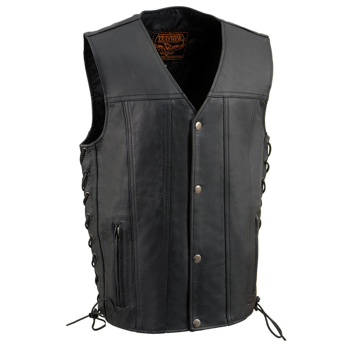 LKY3870 Youth Size Black Leather Biker Style Vest with Snap Front and Side Laces