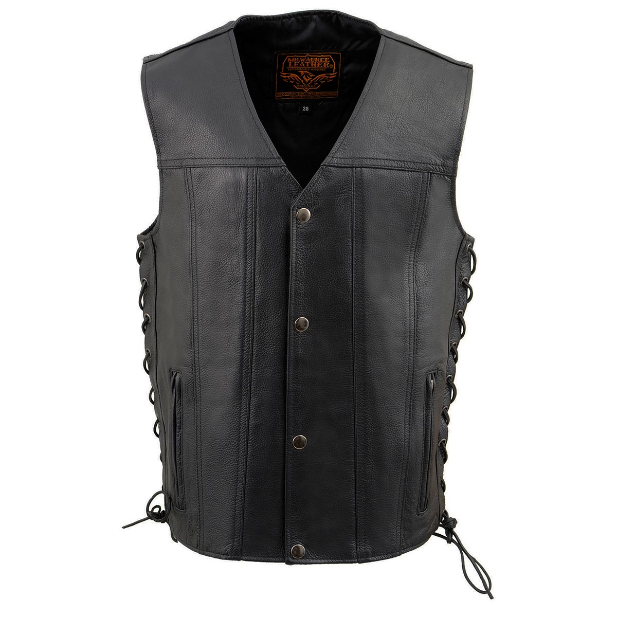 LKY3870 Youth Size Black Leather Biker Style Vest with Snap Front and Side Laces