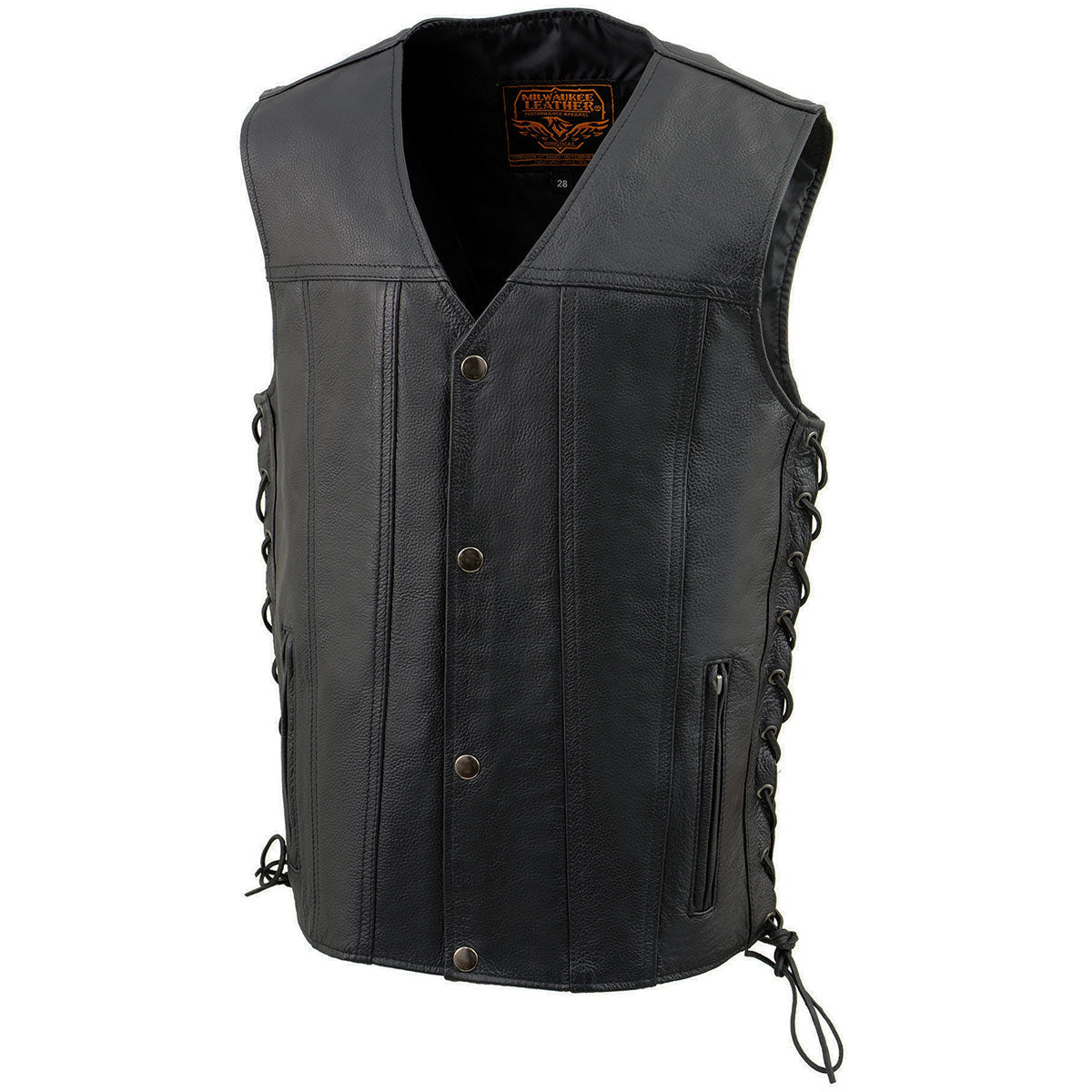 LKY3870 Youth Size Black Leather Biker Style Vest with Snap Front and Side Laces