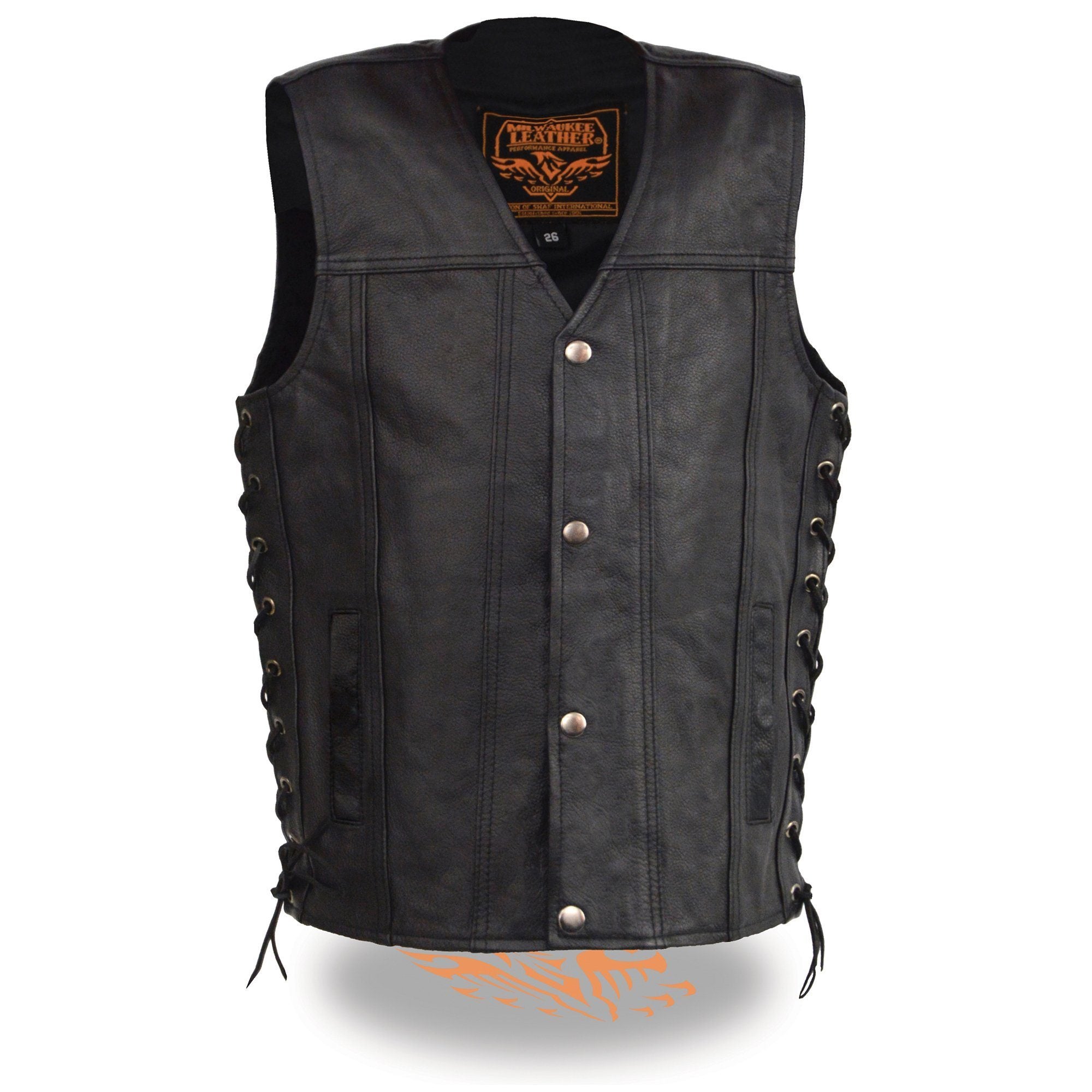 LKY3870 Youth Size Black Leather Biker Style Vest with Snap Front and Side Laces