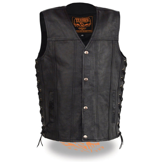 LKY3870 Youth Size Black Leather Biker Style Vest with Snap Front and Side Laces