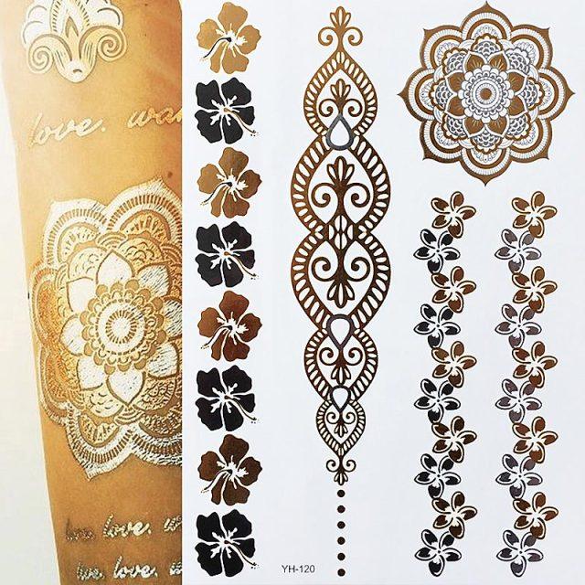 Luxury Flash Metallic Waterproof Temporary Tattoo Gold Silver Flower Tattoo Sticker Long Lasting Gold Design For Womens