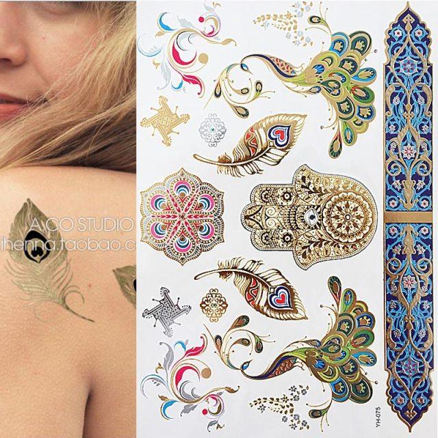 Luxury Flash Metallic Waterproof Temporary Tattoo Gold Silver Flower Tattoo Sticker Long Lasting Gold Design For Womens